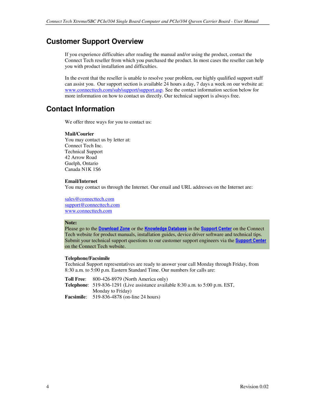 Connect Tech PCIE/104 user manual Customer Support Overview, Contact Information 