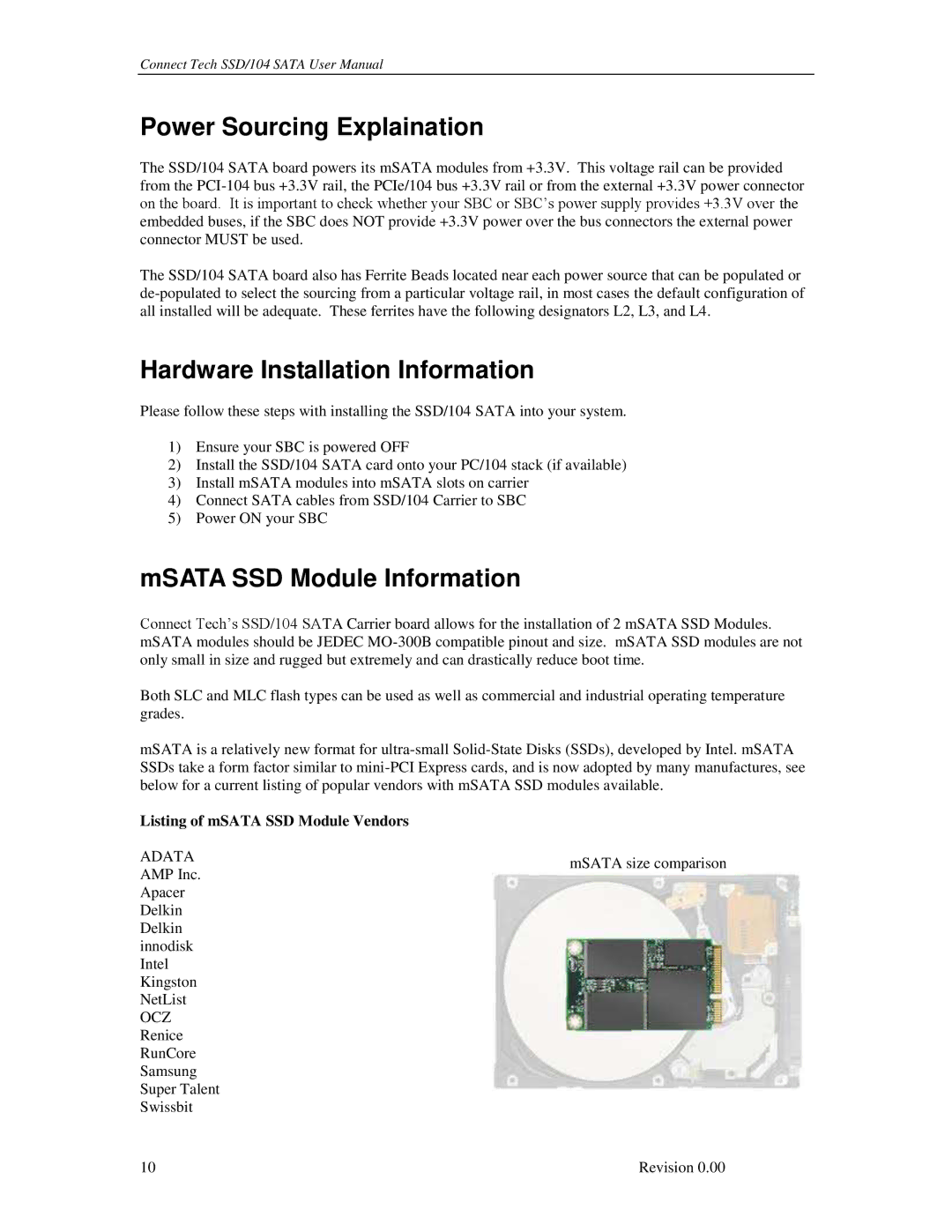 Connect Tech SSD/104 Power Sourcing Explaination, Hardware Installation Information, MSATA SSD Module Information 