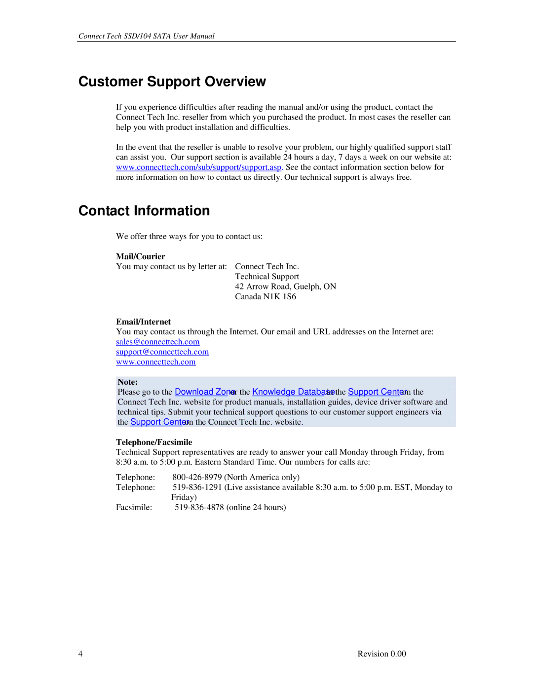 Connect Tech SSD/104 user manual Customer Support Overview, Contact Information 