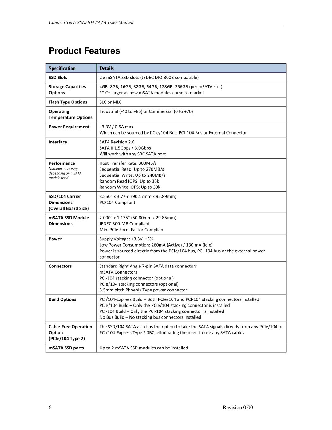 Connect Tech SSD/104 user manual Product Features, Specification Details 