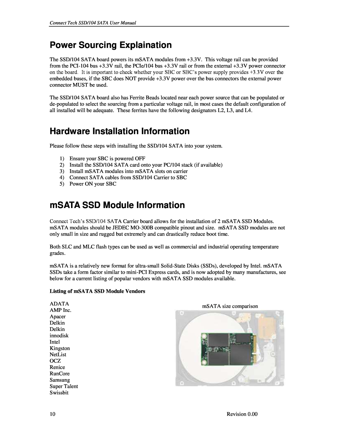 Connect Tech SSD/104 Power Sourcing Explaination, Hardware Installation Information, mSATA SSD Module Information 