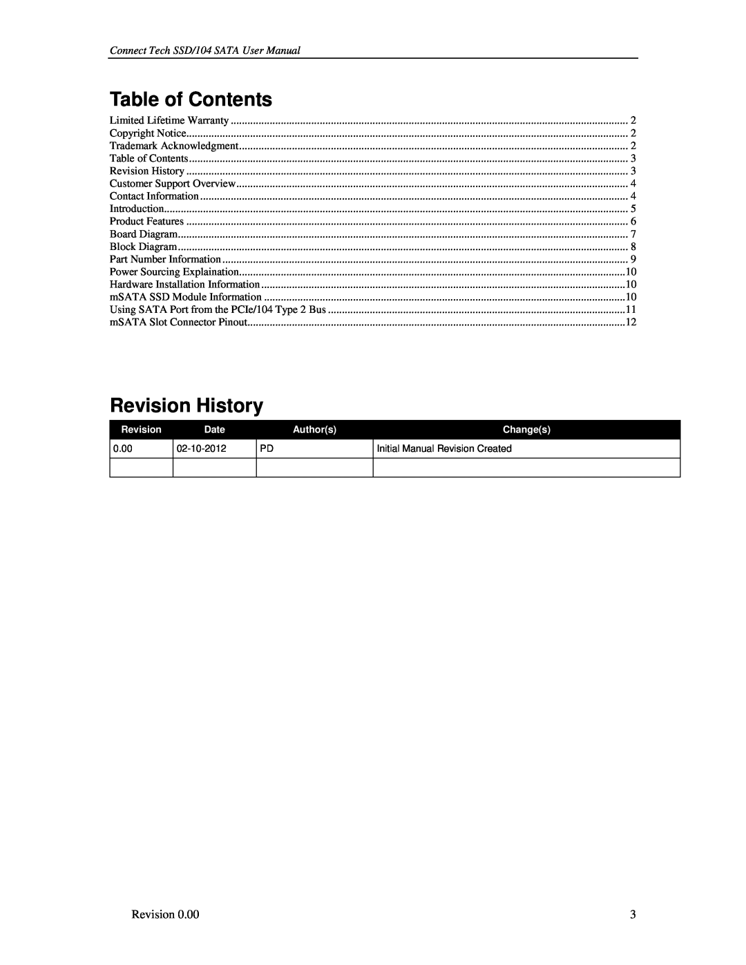 Connect Tech SSD/104 user manual Revision History, Table of Contents 