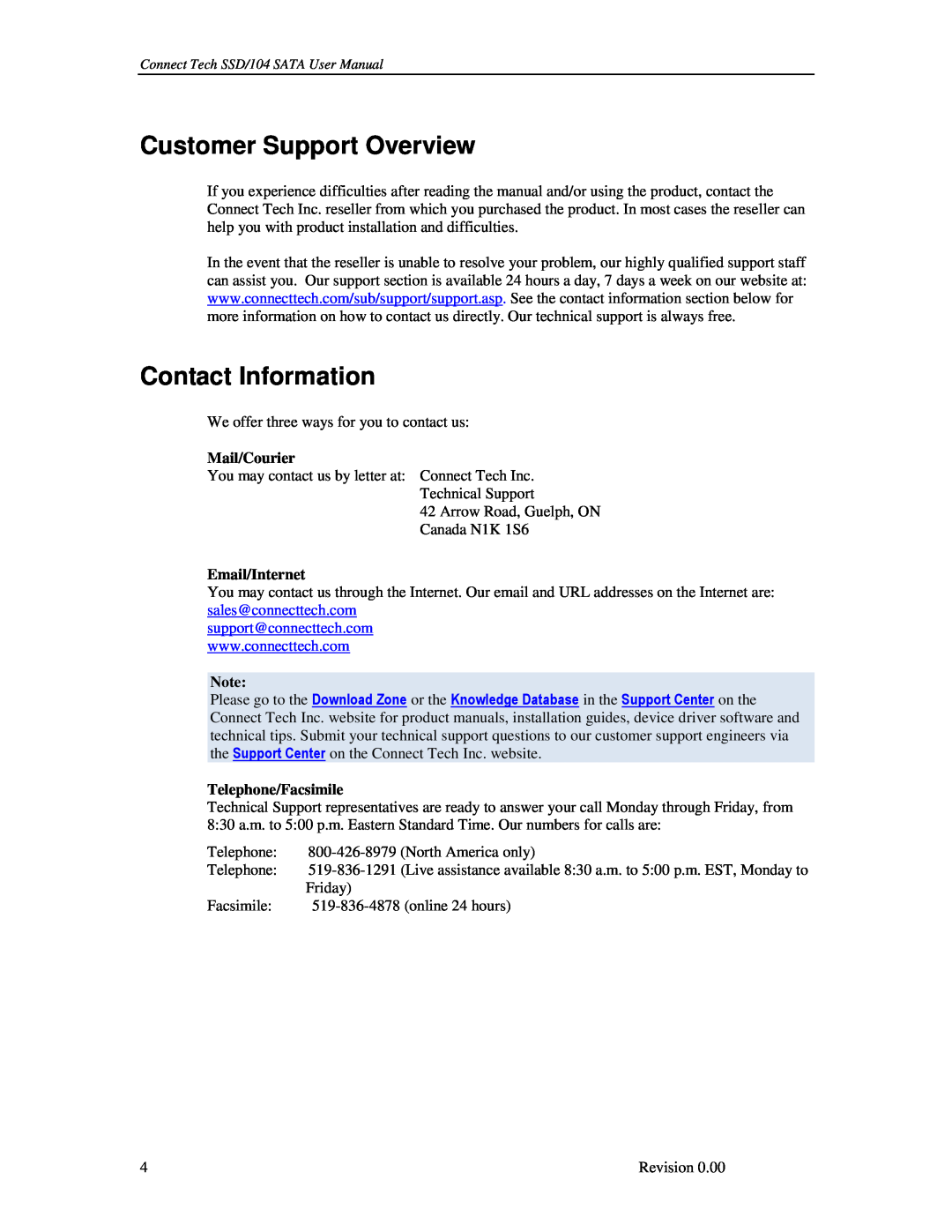 Connect Tech SSD/104 Customer Support Overview, Contact Information, Mail/Courier, Email/Internet, Telephone/Facsimile 