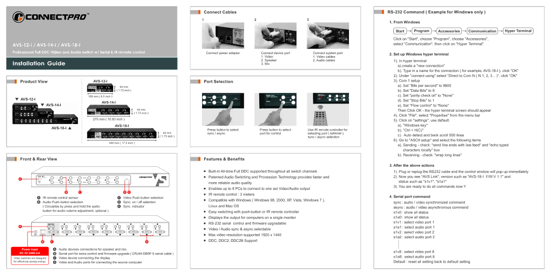 ConnectPRO AVS-12-I, AVS-18-I manual Product View, Connect Cables, Port Selection RS-232 Command Example for Windows only 