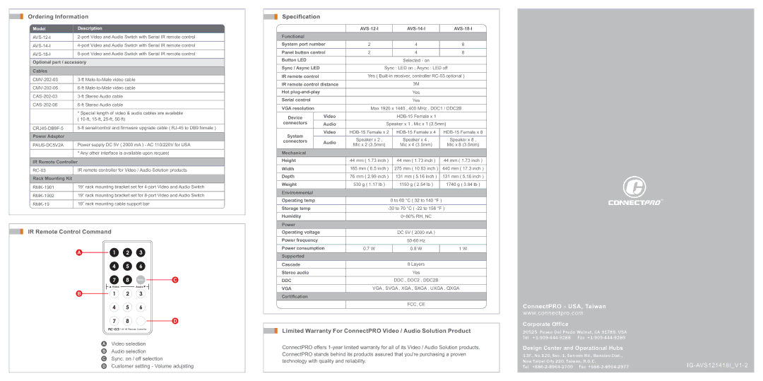 ConnectPRO AVS-14-I, AVS-18-I, AVS-12-I manual Ordering Information, IR Remote Control Command, Specification 