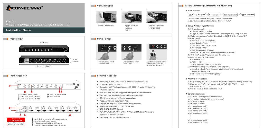 ConnectPRO AVS18I manual Product View, Front & Rear View Connect Cables, Port Selection 