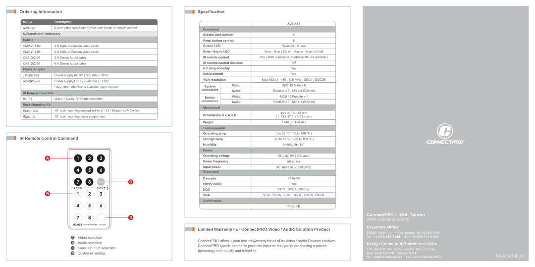 ConnectPRO AVS18I manual Ordering Information, IR Remote Control Command, Specification, Customer setting 