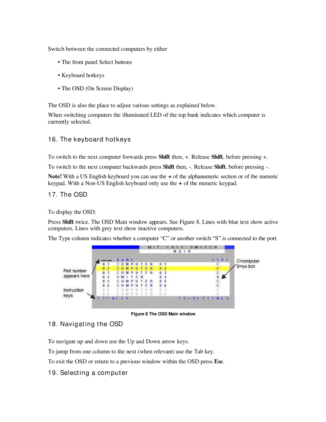 ConnectPRO 16 Port KVM, SL2116A, MIT-CAT5 8 manual Keyboard hotkeys, Osd, Navigating the OSD, Selecting a computer 