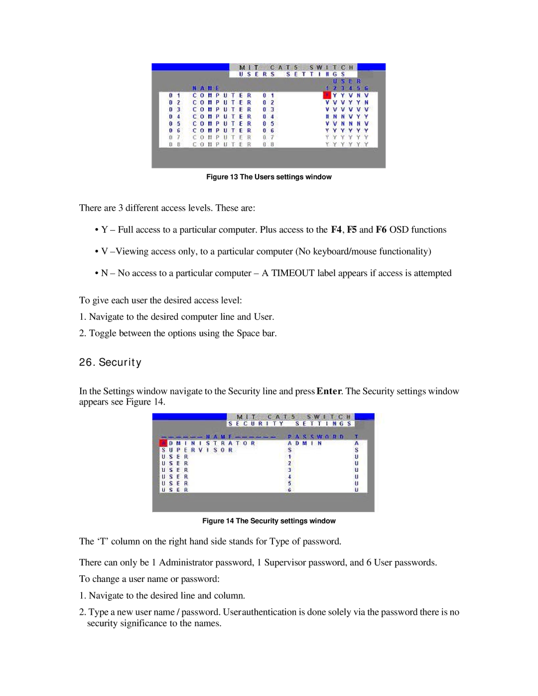 ConnectPRO 16 Port KVM, SL2116A, MIT-CAT5 8 manual Security, Users settings window 