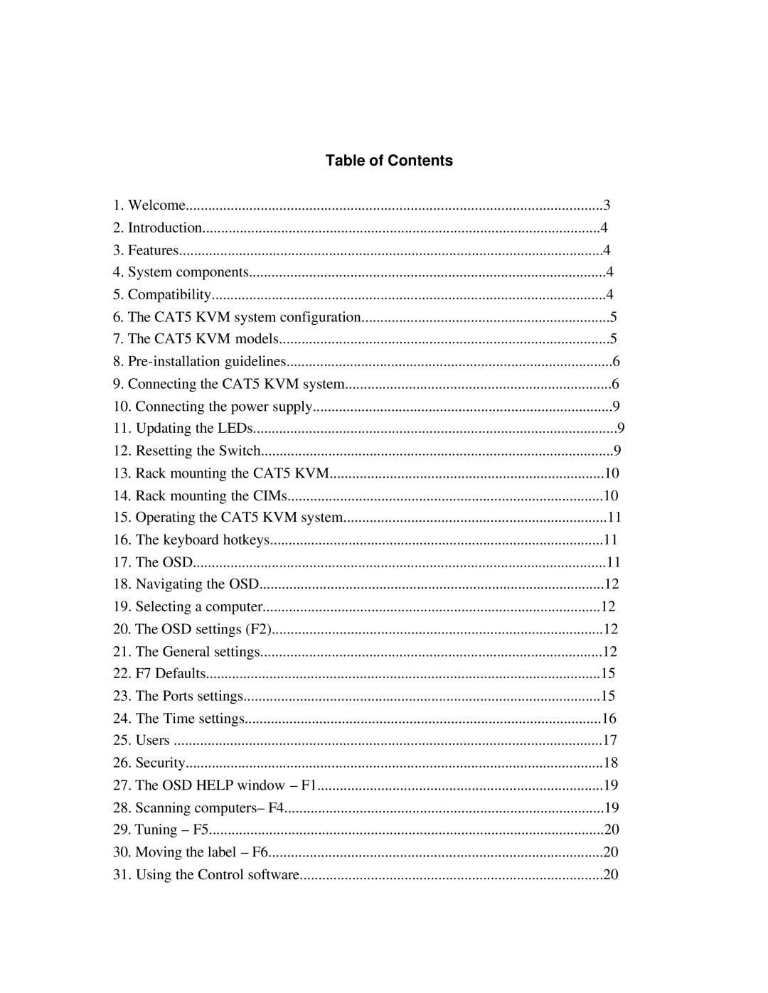 ConnectPRO 16 Port KVM, SL2116A, MIT-CAT5 8 manual Table of Contents 