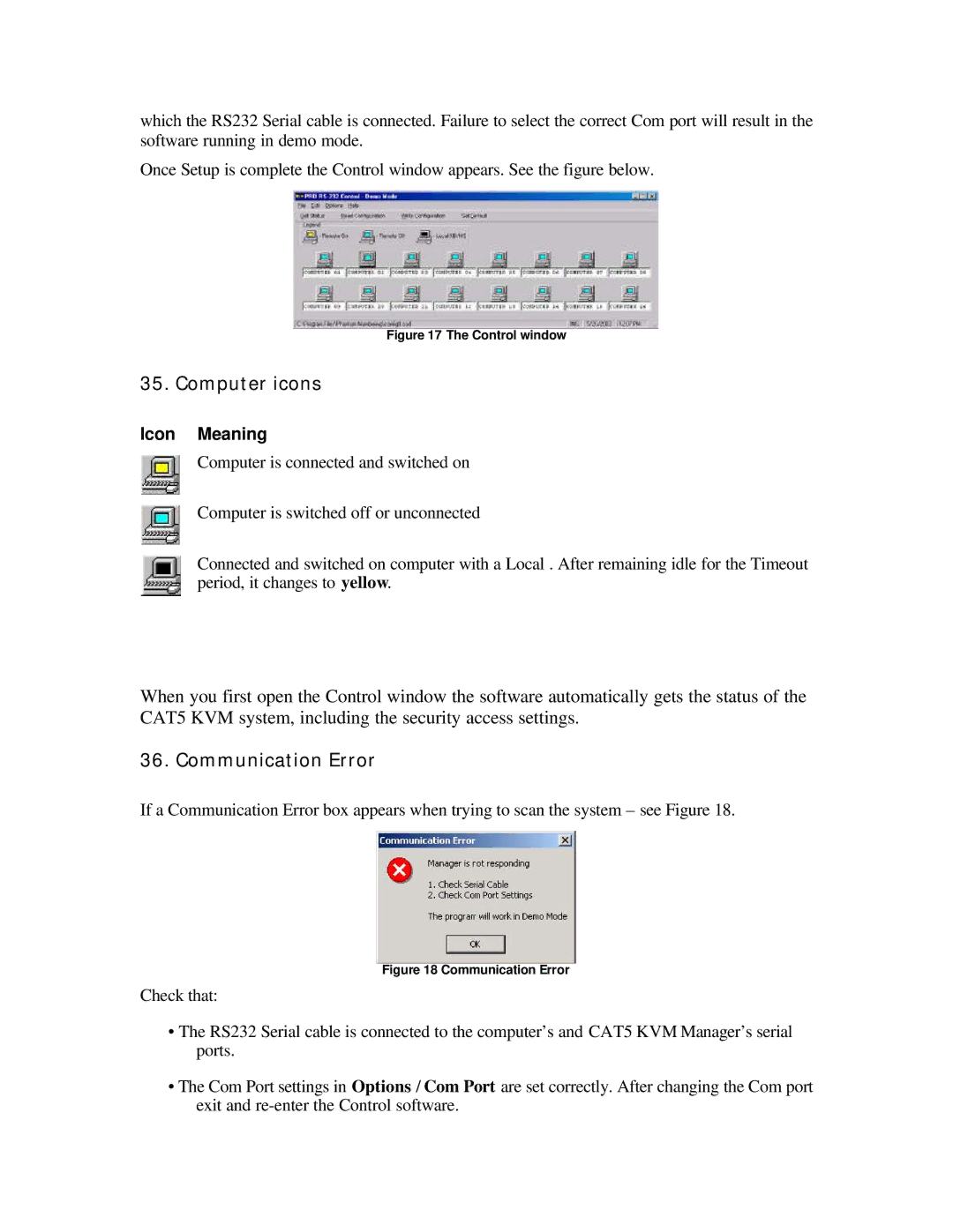 ConnectPRO SL2116A, MIT-CAT5 8, 16 Port KVM manual Computer icons, Communication Error 