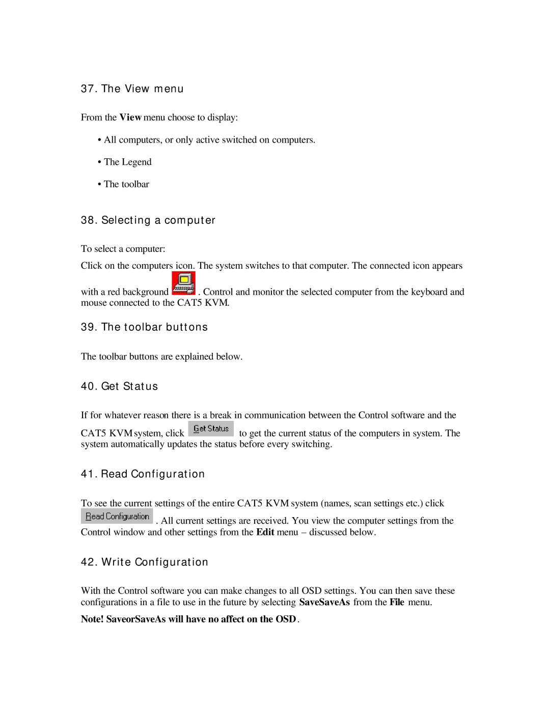 ConnectPRO MIT-CAT5 8, SL2116A, 16 Port KVM View menu, Toolbar buttons, Get Status, Read Configuration, Write Configuration 