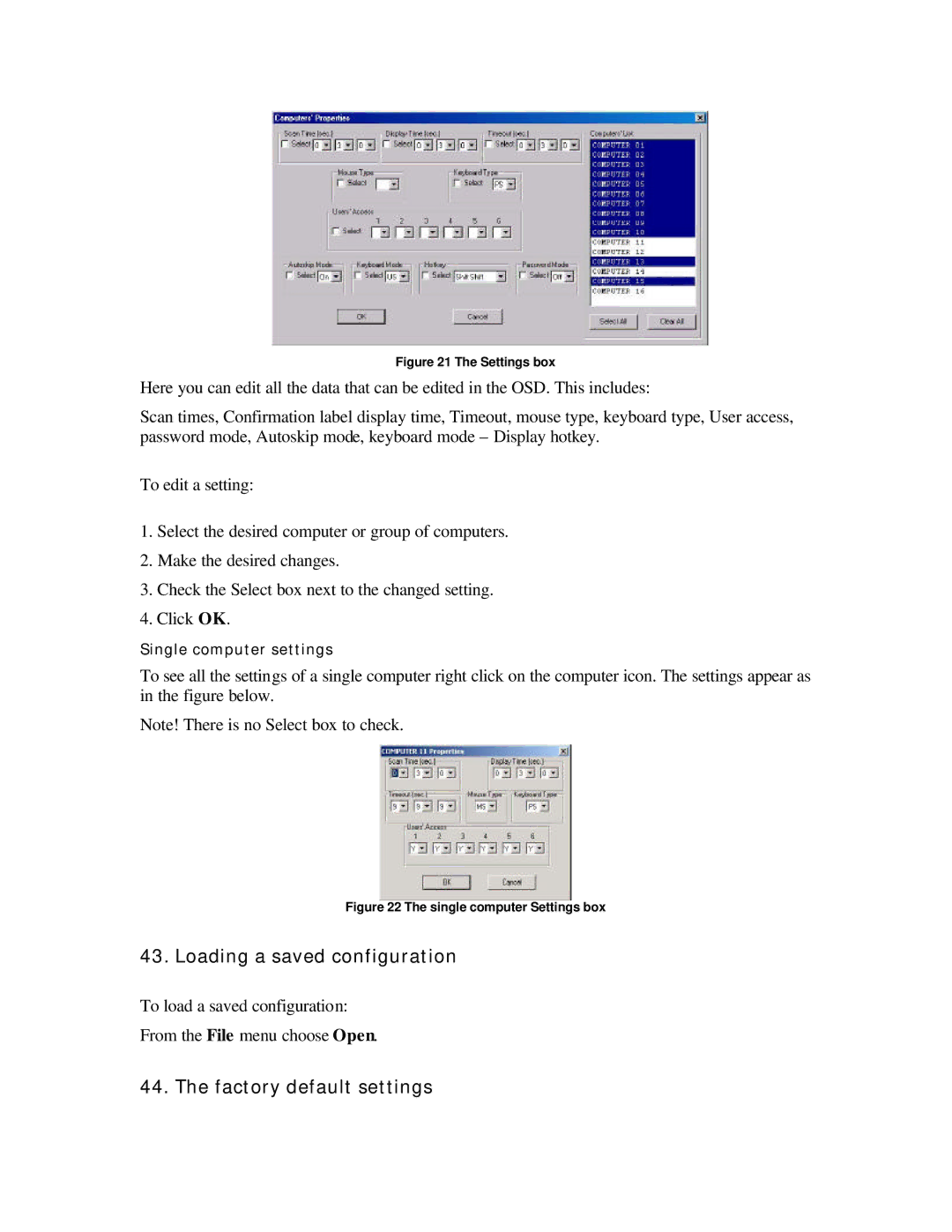 ConnectPRO SL2116A, MIT-CAT5 8, 16 Port KVM manual Loading a saved configuration, Factory default settings 