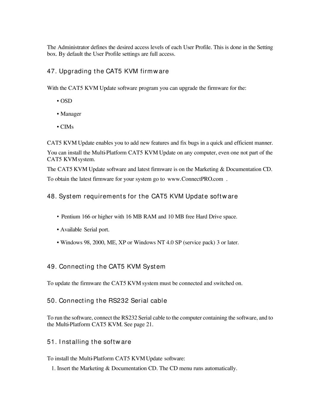 ConnectPRO 16 Port KVM, SL2116A manual Upgrading the CAT5 KVM firmware, System requirements for the CAT5 KVM Update software 