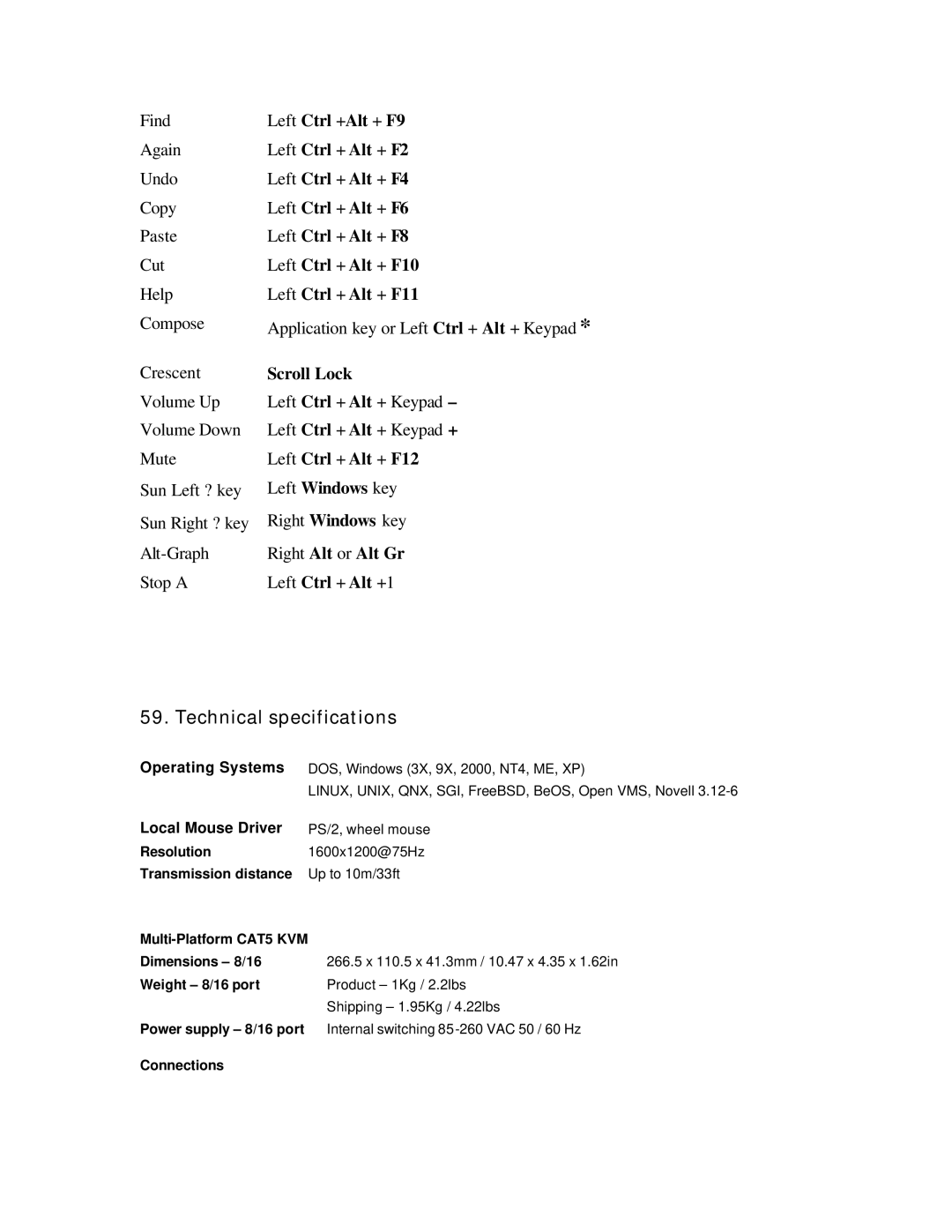 ConnectPRO MIT-CAT5 8, SL2116A, 16 Port KVM manual Technical specifications, Operating Systems 