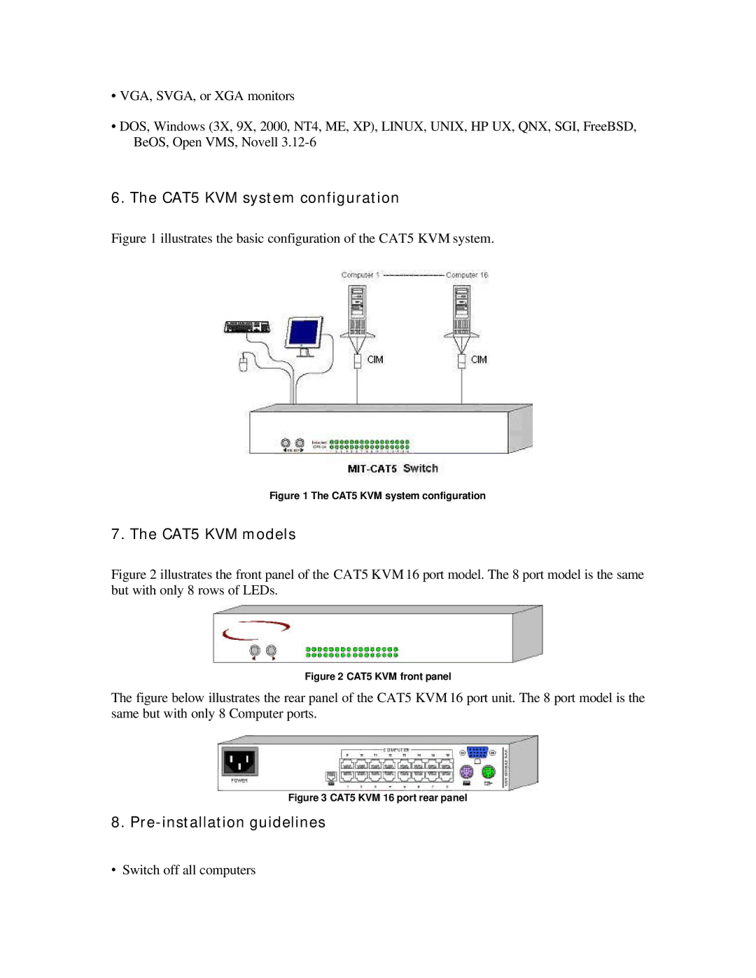 ConnectPRO SL2116A, MIT-CAT5 8, 16 Port KVM CAT5 KVM system configuration, CAT5 KVM models, Pre-installation guidelines 