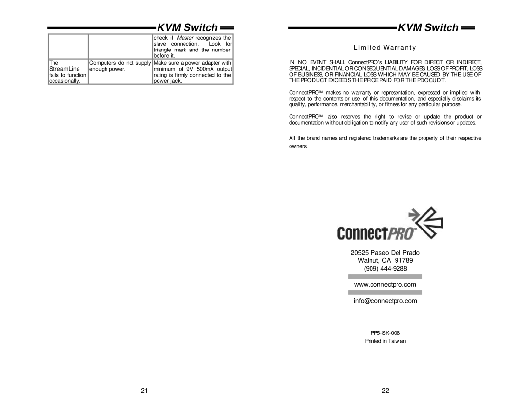 ConnectPRO SL218 specifications Limited Warranty 