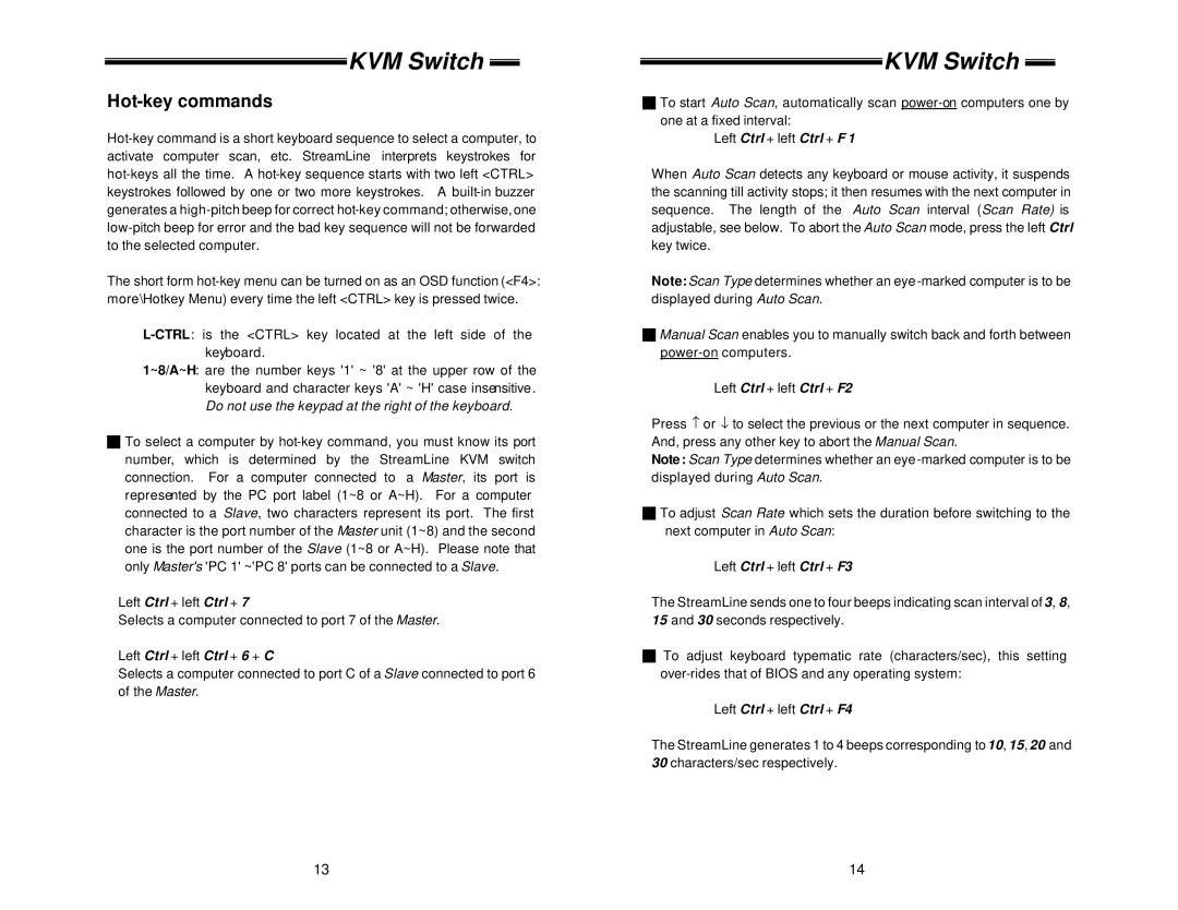 ConnectPRO SL218 specifications Hot-key commands 