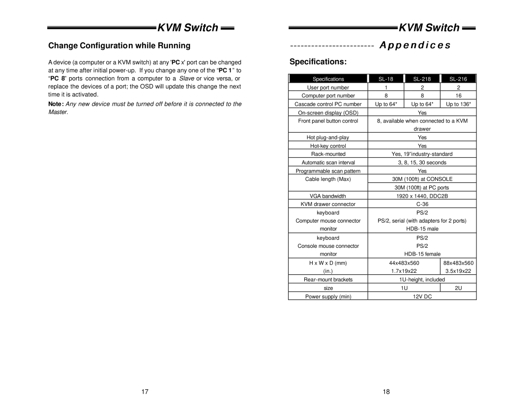 ConnectPRO SL218 specifications Change Configuration while Running, Appendices, Specifications 