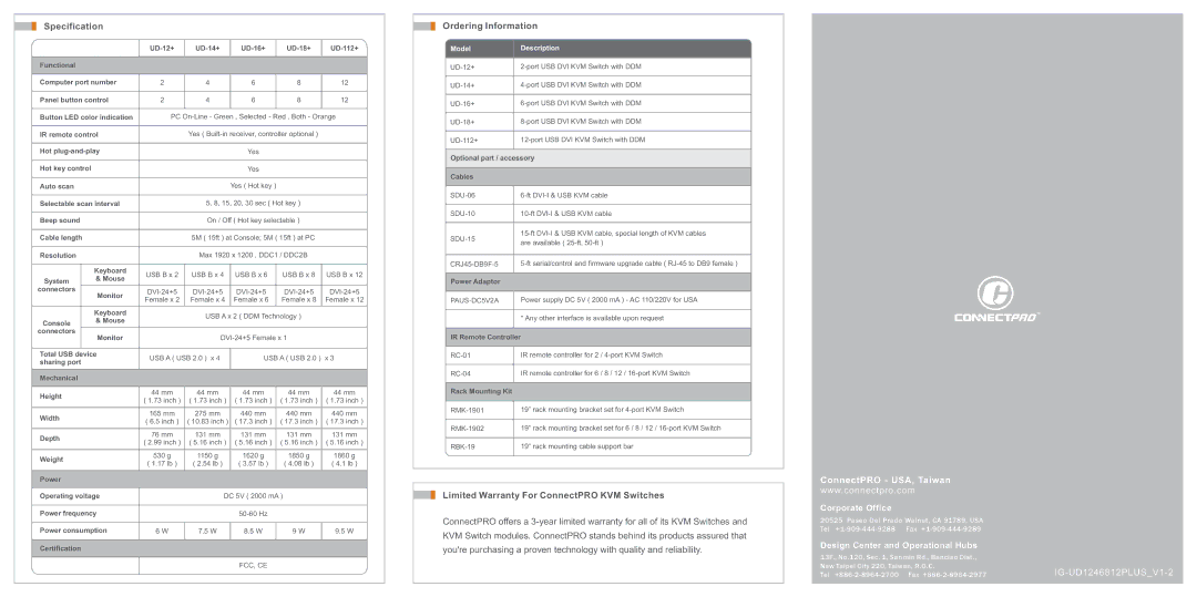 ConnectPRO UD12KIT, UD-16+, UD-112+ Specification, Ordering Information, Limited Warranty For ConnectPRO KVM Switches 