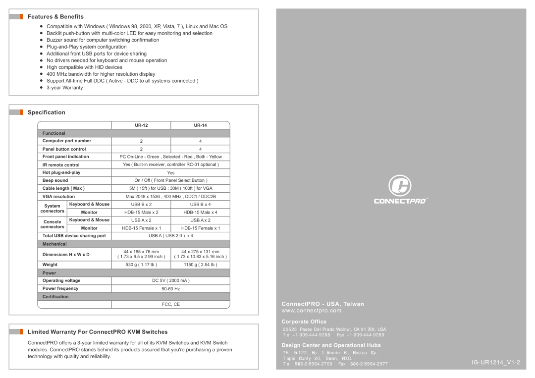 ConnectPRO UR12KIT manual Features & Benefits, Specification, Limited Warranty For ConnectPRO KVM Switches 