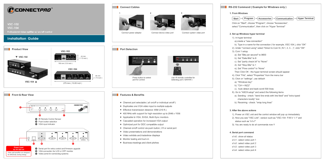 ConnectPRO VSC104, VSC102 manual Product View, Connect Cables, Port Selection RS-232 Command Example for Windows only 