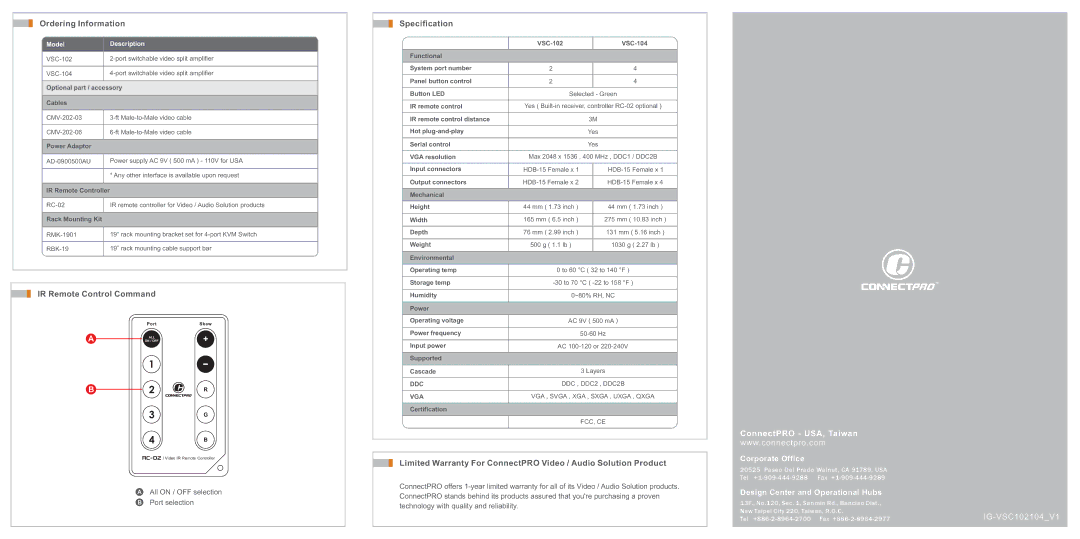 ConnectPRO VSC102 Ordering Information, IR Remote Control Command, Specification, All on / OFF selection, Port selection 