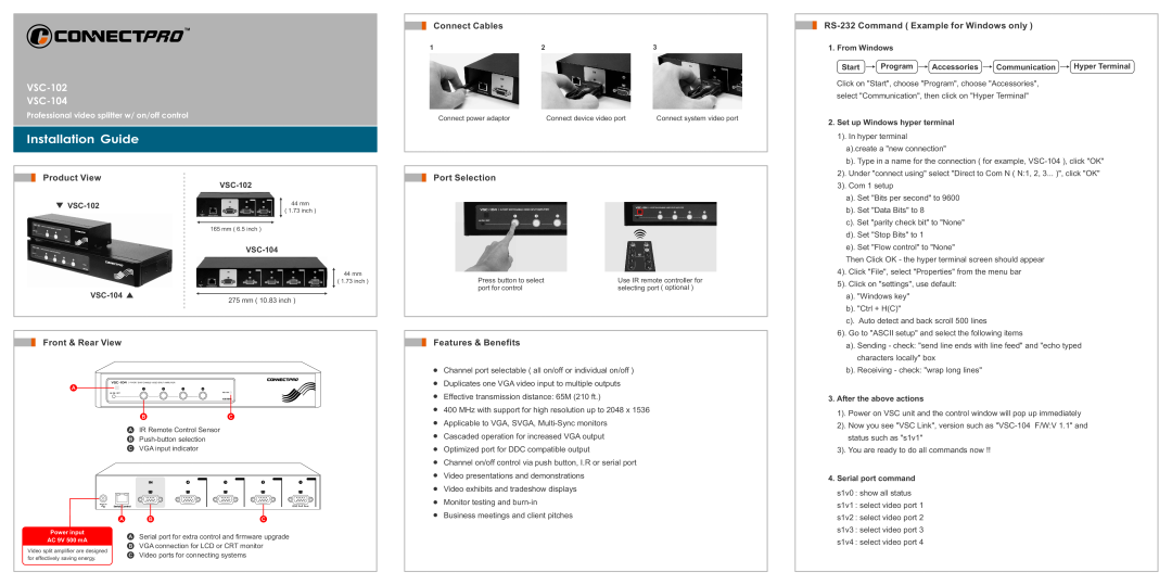 ConnectPRO VSC104 manual Product View, Connect Cables, Port Selection, RS-232 Command Example for Windows only, VSC-102 