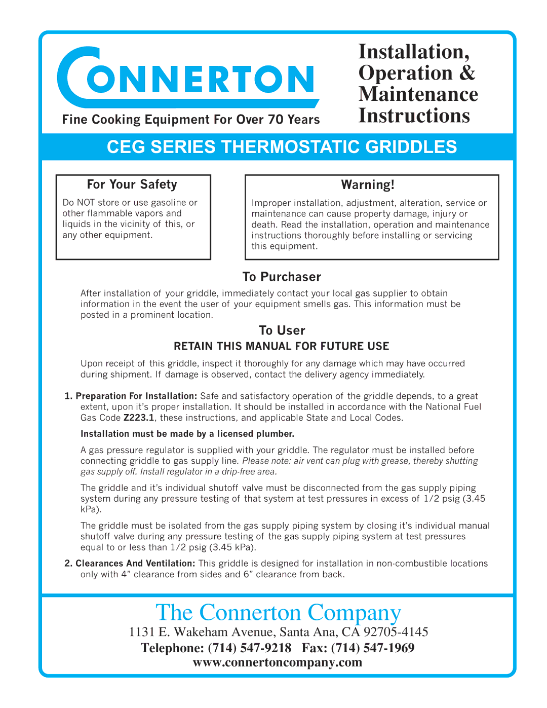 Connerton Co CEG SERIES manual CEG Series Thermostatic Griddles, Installation must be made by a licensed plumber 