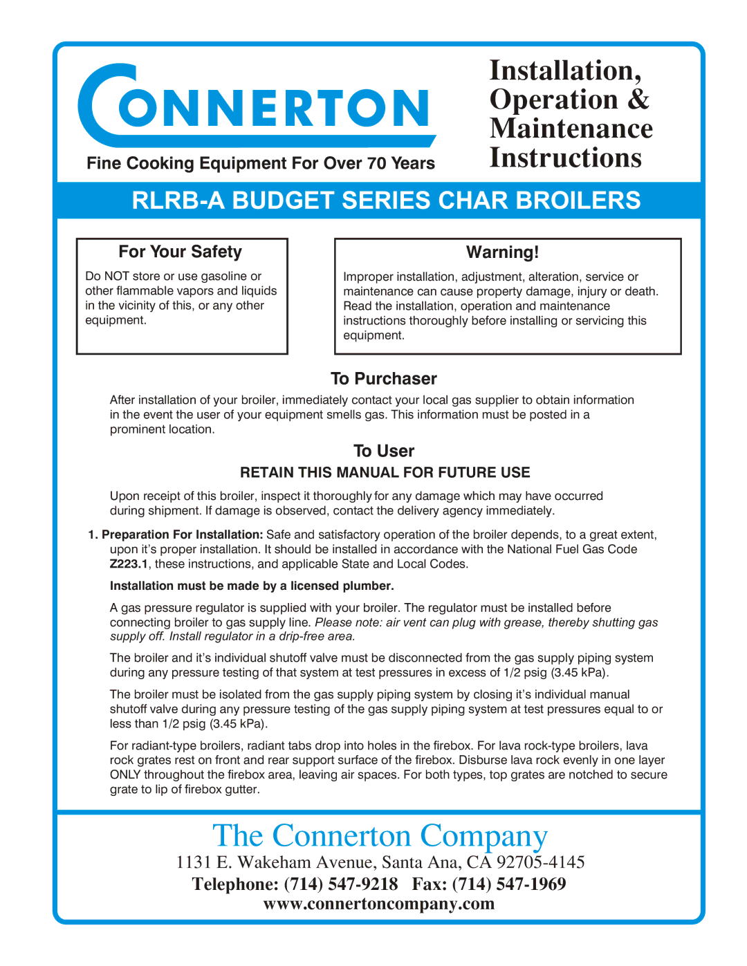 Connerton Co RLRB-A manual Installation must be made by a licensed plumber 