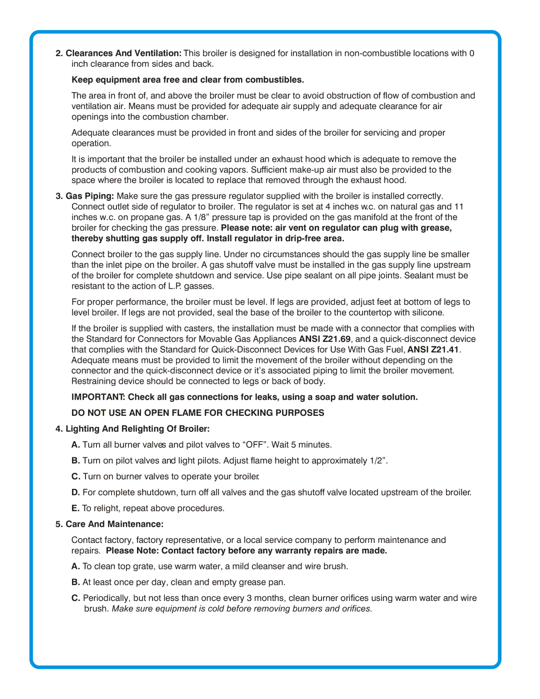 Connerton Co RLRB-A manual Keep equipment area free and clear from combustibles, Lighting And Relighting Of Broiler 