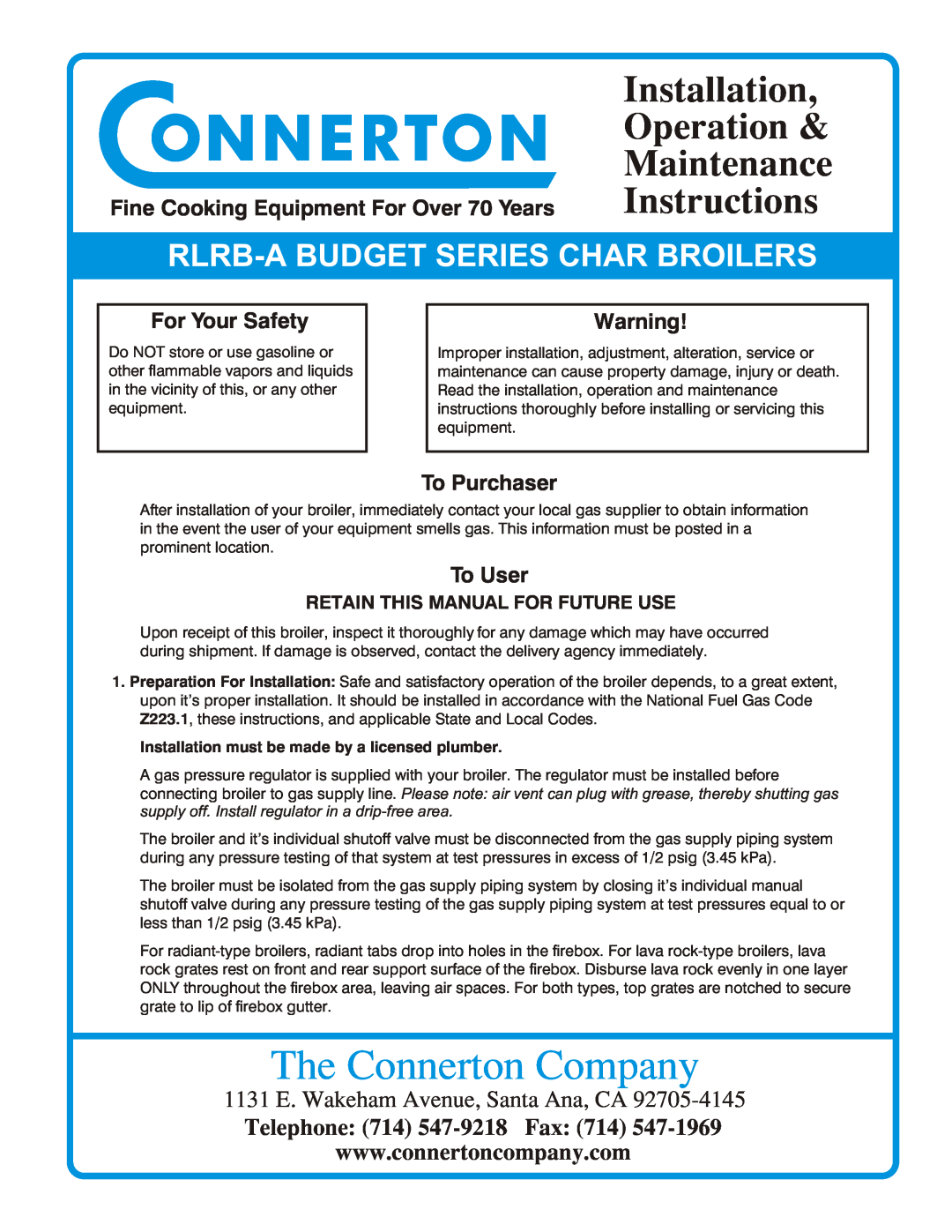 Connerton Co RLRB-A manual Retain This Manual For Future Use, The Connerton Company, Installation, Operation, Instructions 