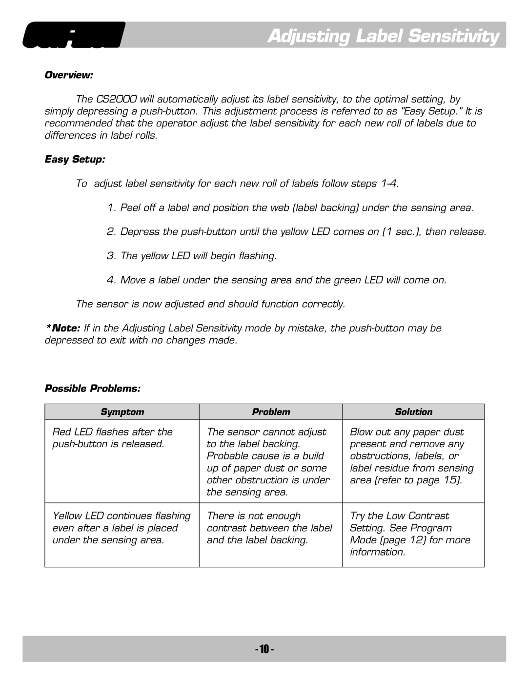 Contec CS2000-QDCS2000 manual Adjusting Label Sensitivity, Overview, Easy Setup, Possible Problems 