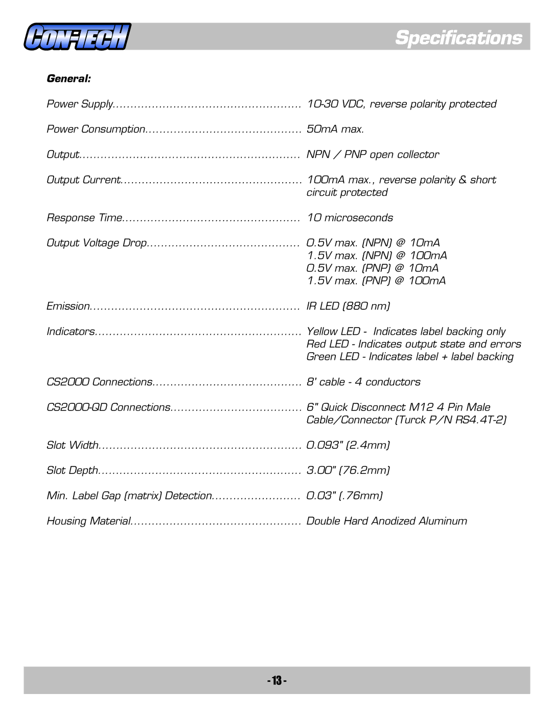 Contec CS2000-QDCS2000 manual Specifications, General 