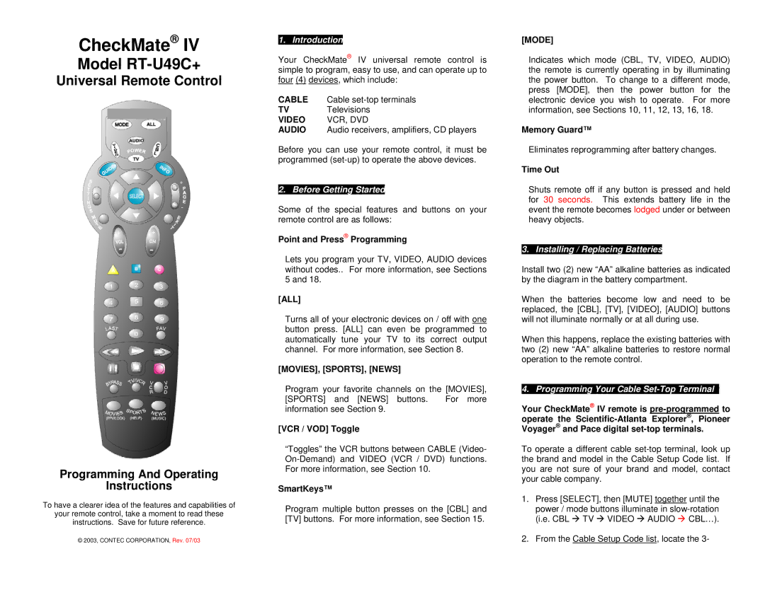 Contec RC-U49C-15+, RT-U49C+ operating instructions Introduction, Before Getting Started, Installing / Replacing Batteries 