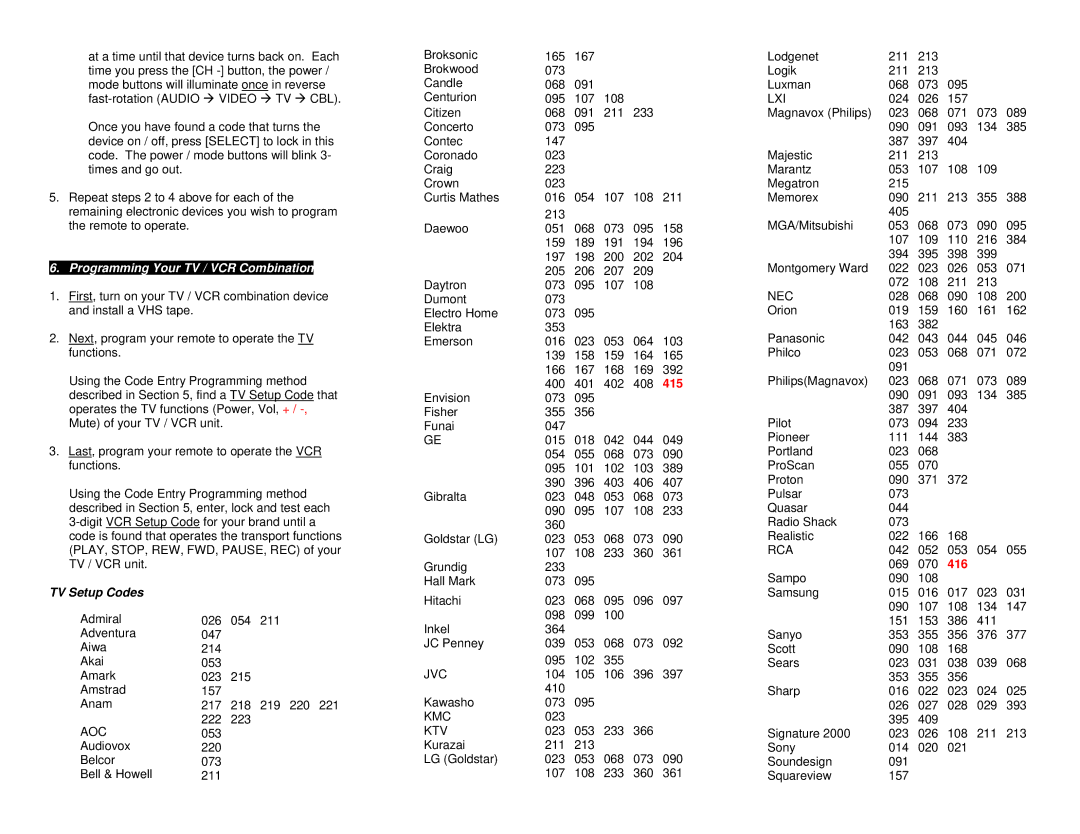 Contec RC-U49C-15+, RT-U49C+ operating instructions Programming Your TV / VCR Combination, TV Setup Codes, 415, 416 