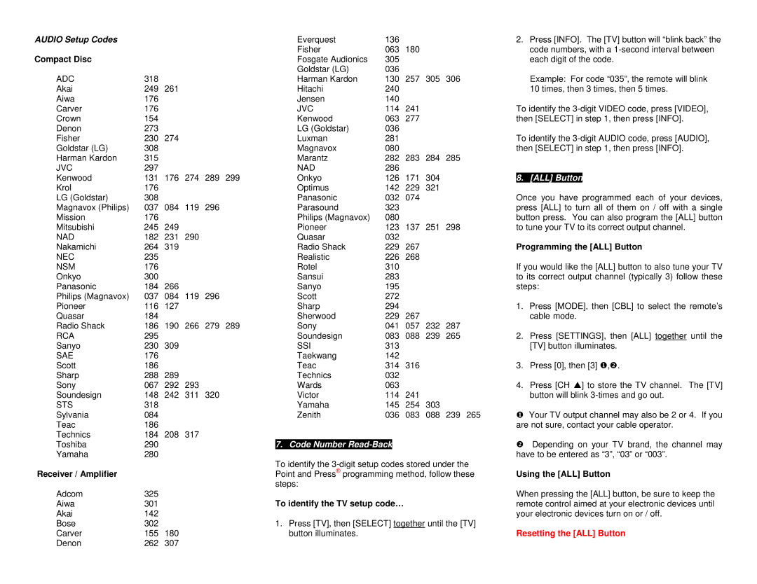 Contec RC-U49C-15+, RT-U49C+ operating instructions Audio Setup Codes, Resetting the ALL Button 