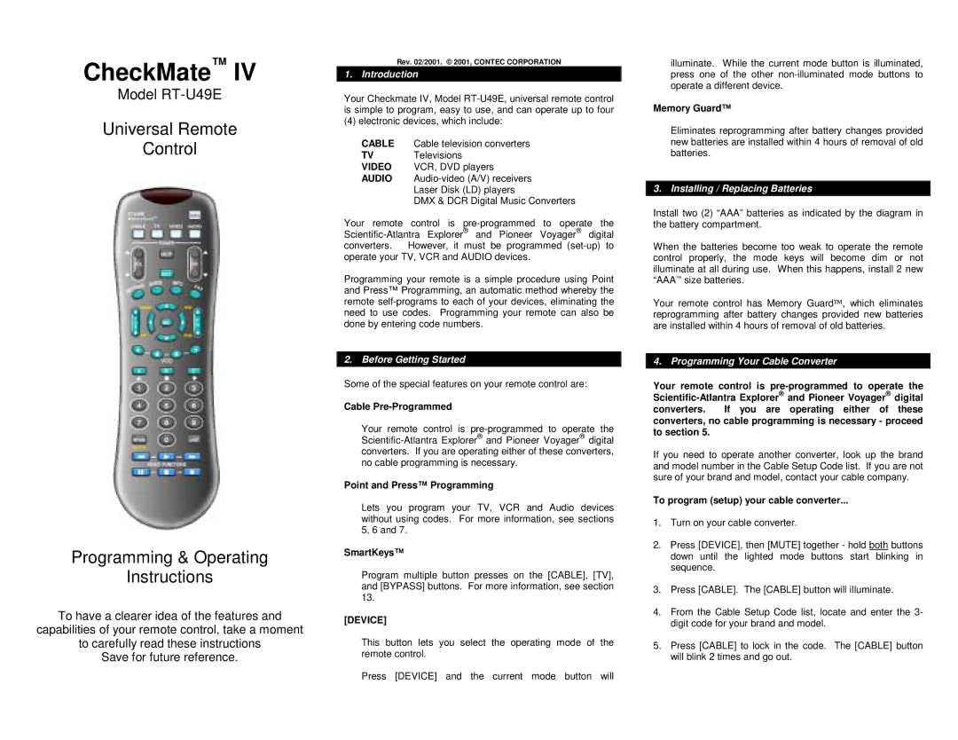 Contec RT-U49E operating instructions Introduction, Before Getting Started, Installing / Replacing Batteries 