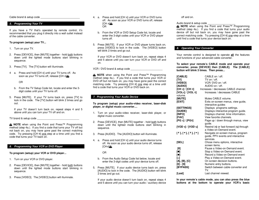 Contec RT-U49E Programming Your TV, Programming Your VCR or DVD Player, Programming Your Audio Device 