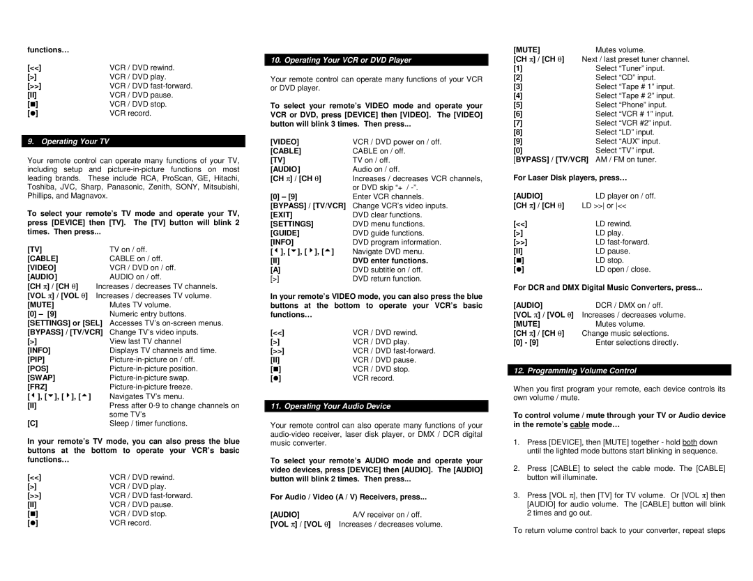 Contec RT-U49E operating instructions Operating Your TV, Operating Your VCR or DVD Player, Operating Your Audio Device 