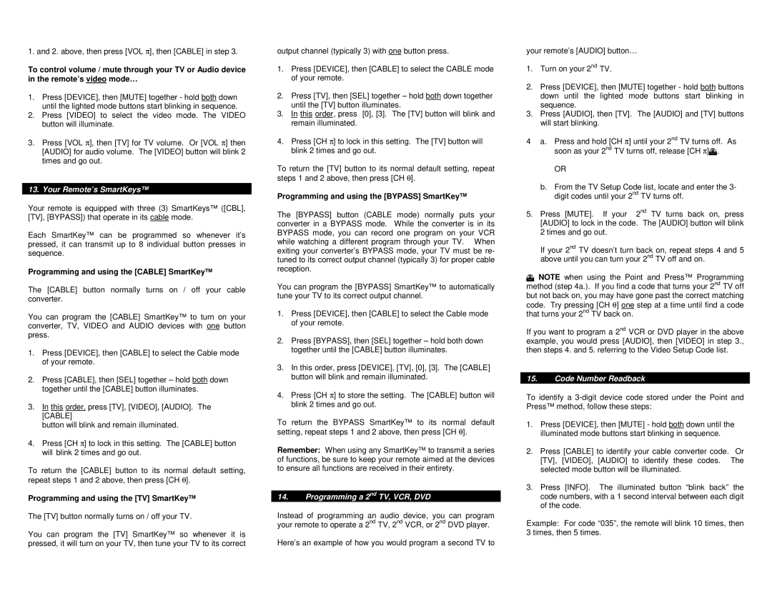 Contec RT-U49E operating instructions Your Remote’s SmartKeys, Programming a 2nd TV, VCR, DVD, Code Number Readback 