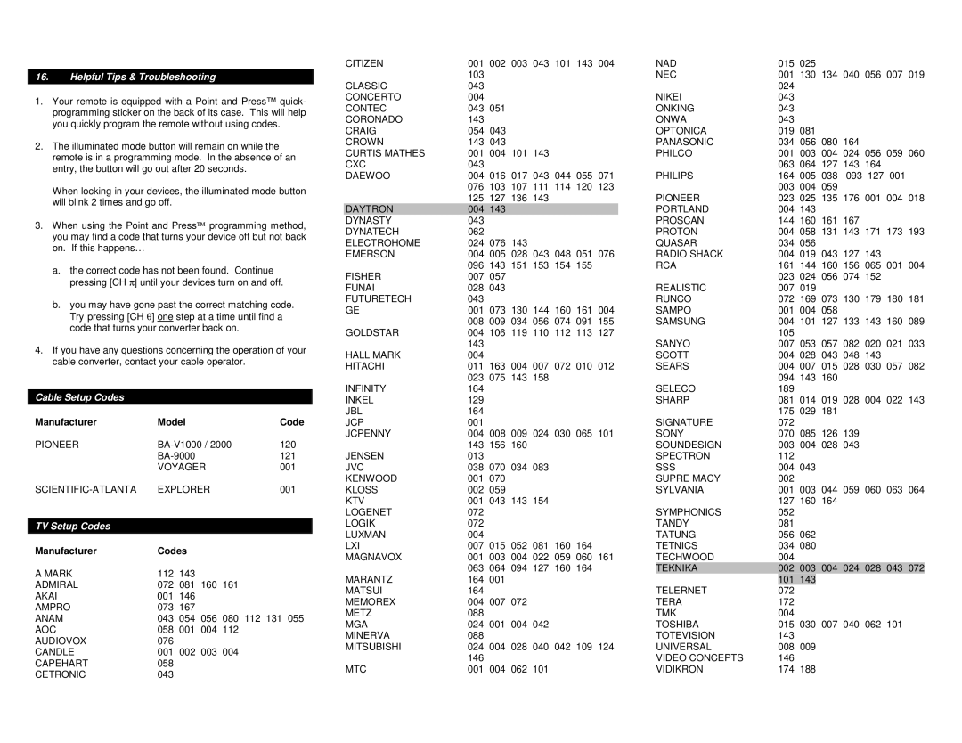 Contec RT-U49E Helpful Tips & Troubleshooting, Cable Setup Codes, Manufacturer Model Code, TV Setup Codes 