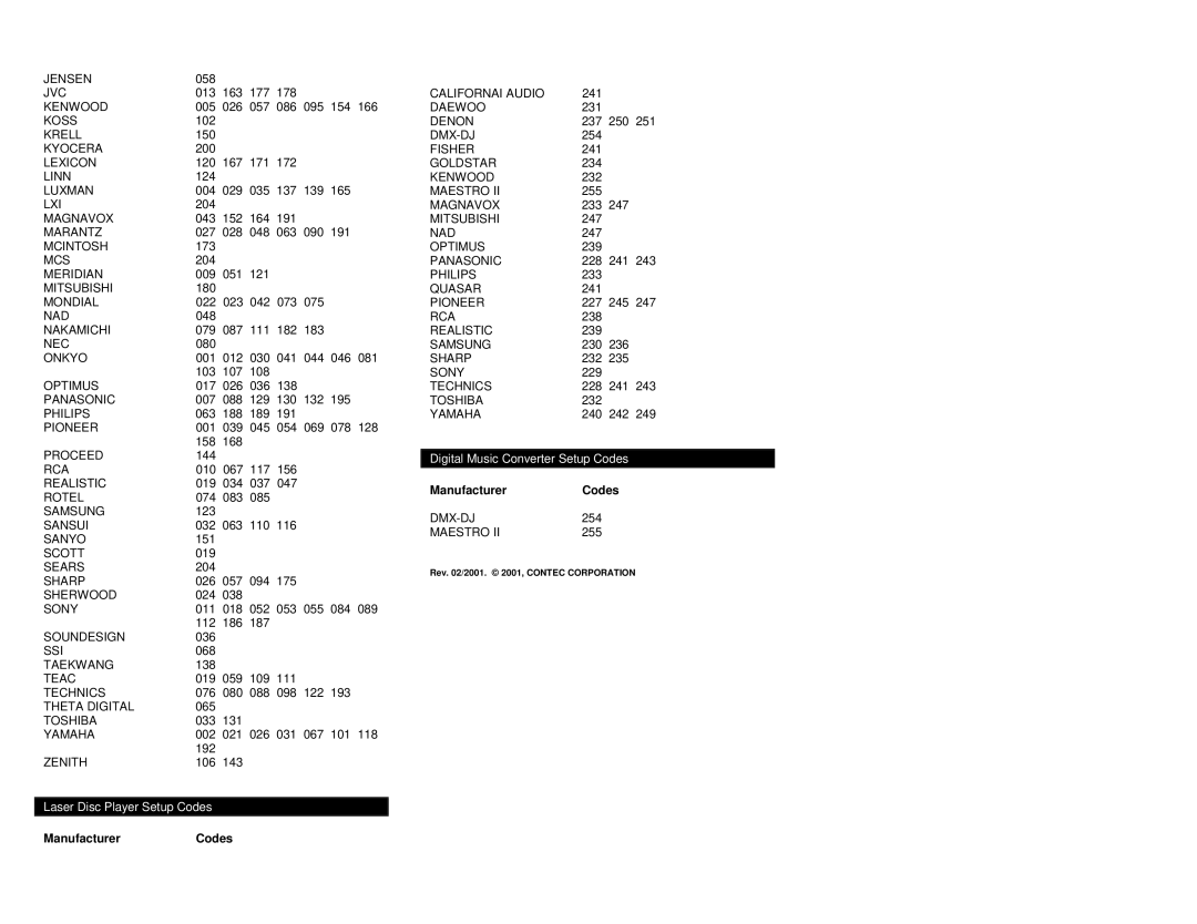Contec RT-U49E operating instructions Laser Disc Player Setup Codes, ManufacturerCodes, Digital Music Converter Setup Codes 