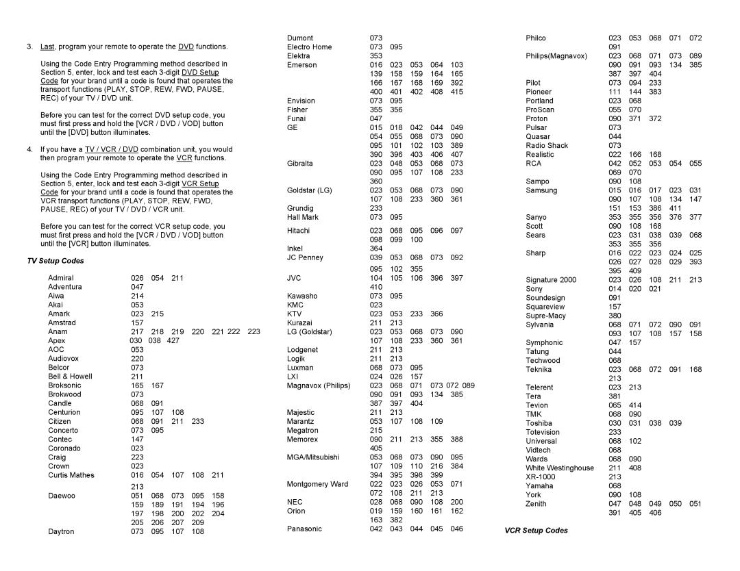 Contec RT-U50-25S operating instructions TV Setup Codes, VCR Setup Codes 