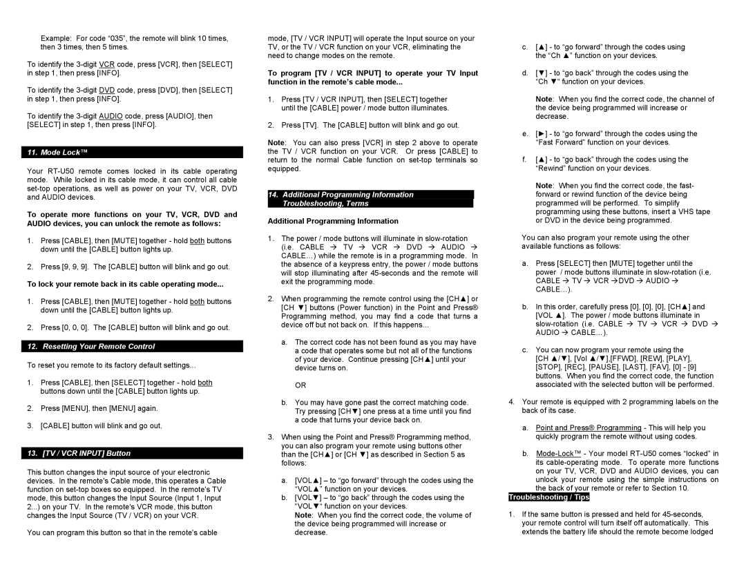 Contec RT-U50-25S Mode Lock, Resetting Your Remote Control, TV / VCR Input Button, Additional Programming Information 
