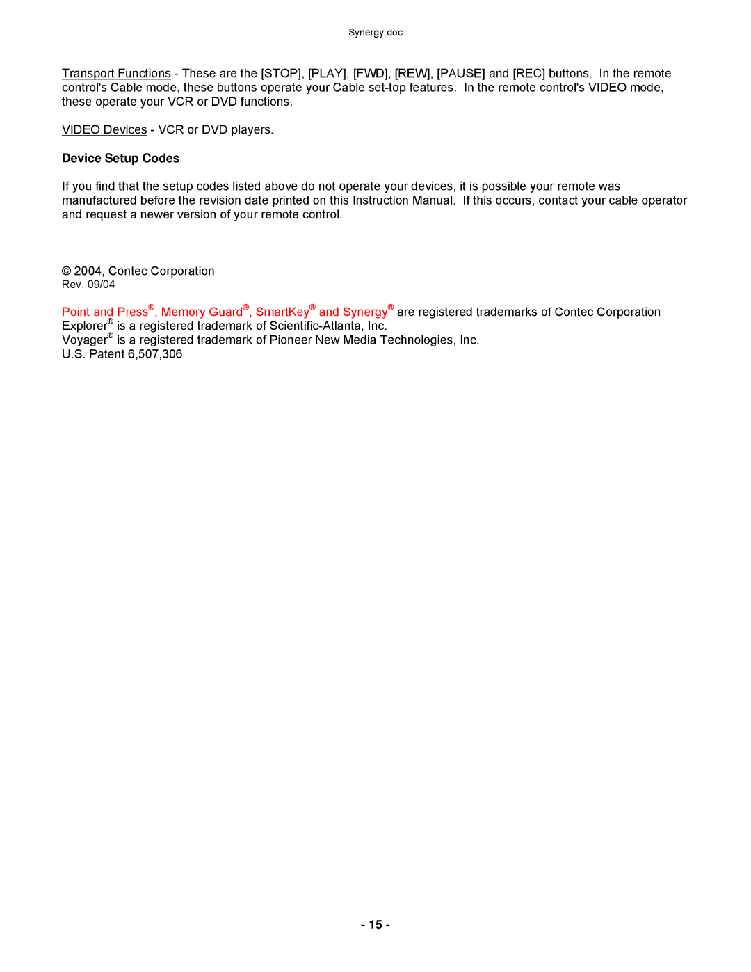 Contec RT-U62CD operating instructions Device Setup Codes 