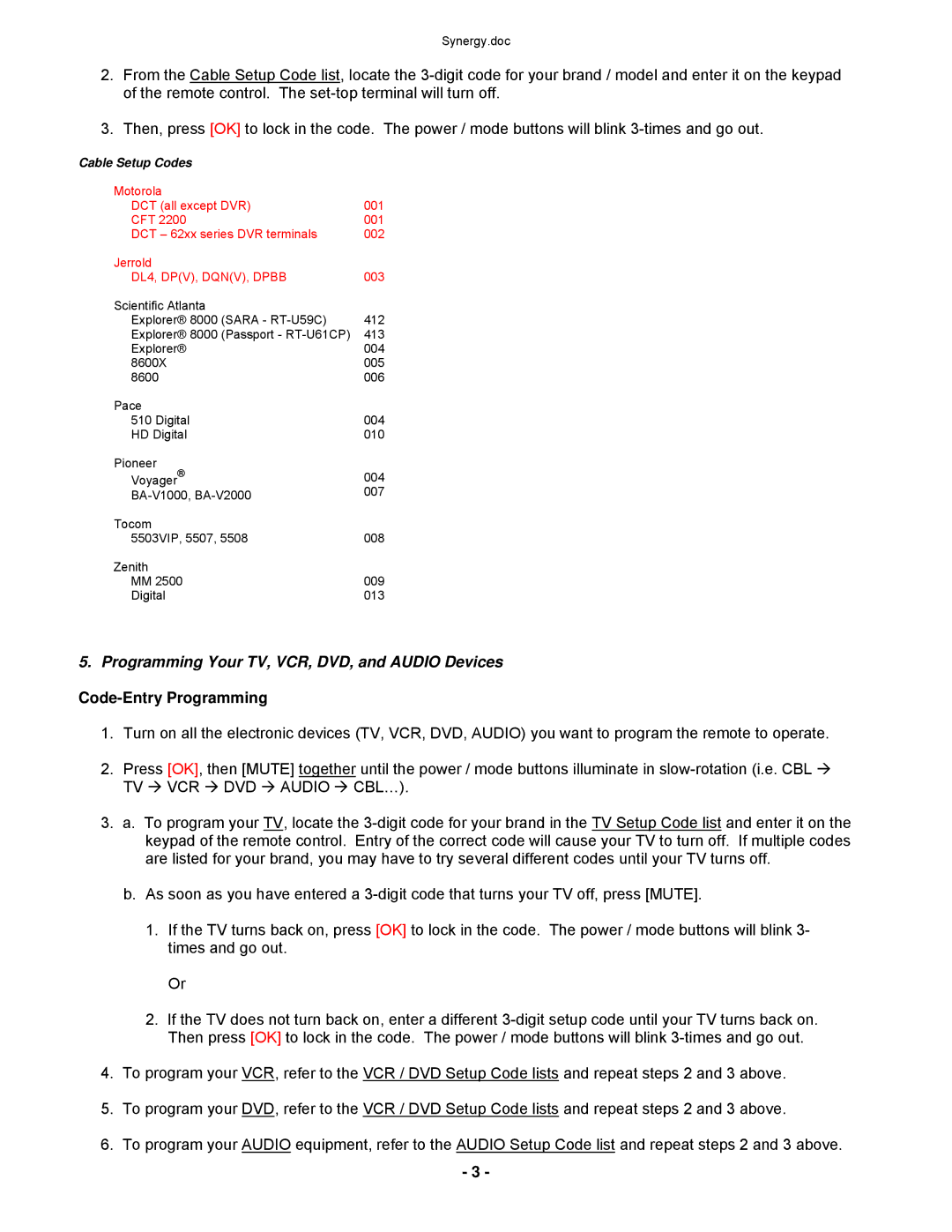 Contec RT-U62CD operating instructions Programming Your TV, VCR, DVD, and Audio Devices, Code-Entry Programming, 003 