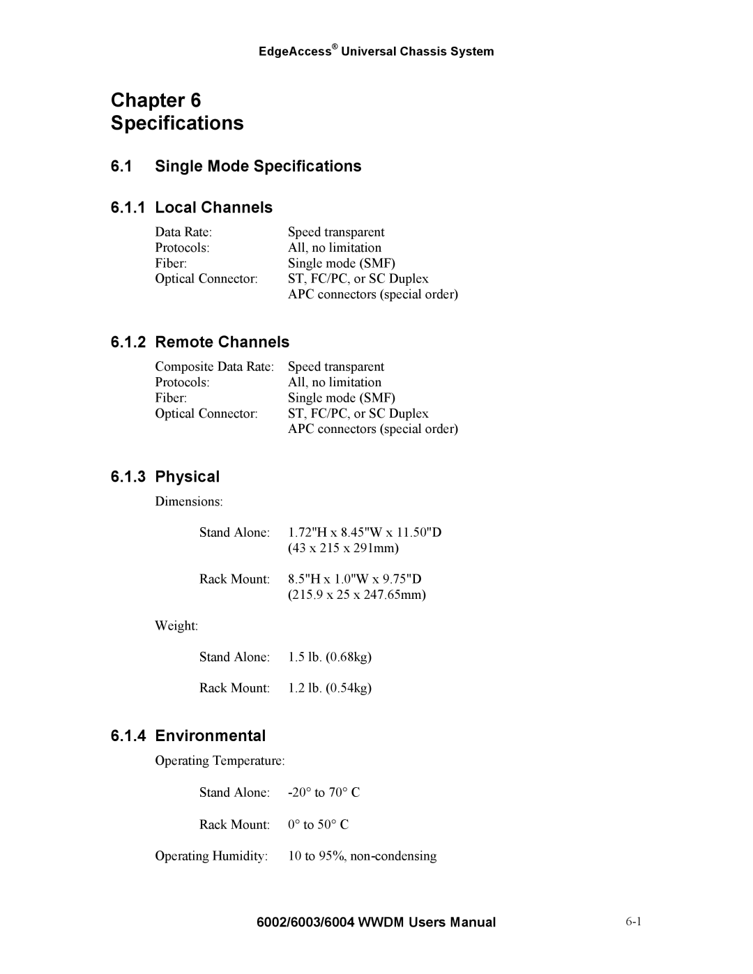 Continental Automated Buildings Association 6002 Chapter Specifications, Single Mode Specifications Local Channels 