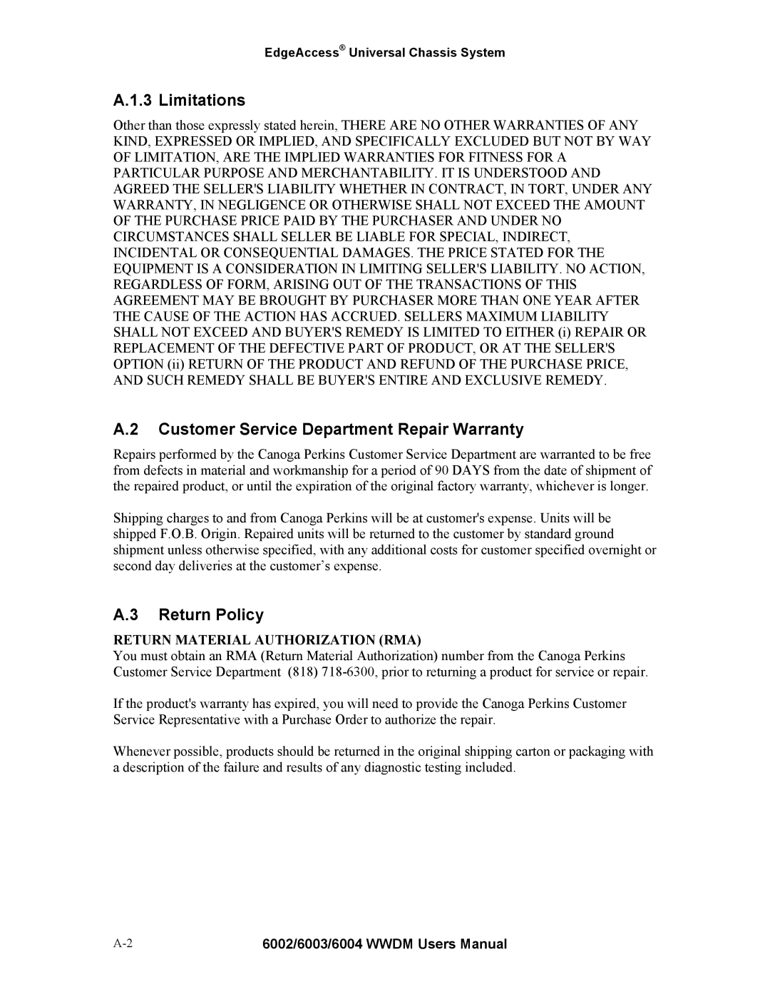 Continental Automated Buildings Association 6002 Limitations, Customer Service Department Repair Warranty, Return Policy 