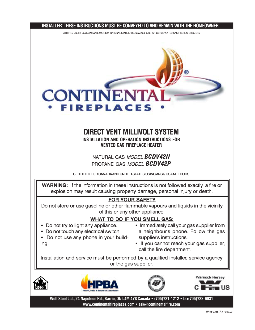 Continental BCDV42N, BCDV42P manual Direct Vent Millivolt System 